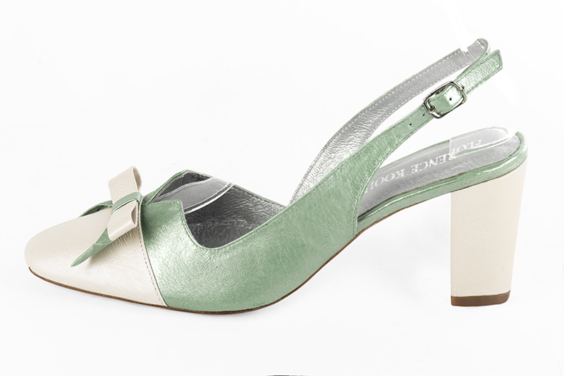 Off white and mint green women's open back shoes, with a knot. Round toe. High block heels. Profile view - Florence KOOIJMAN